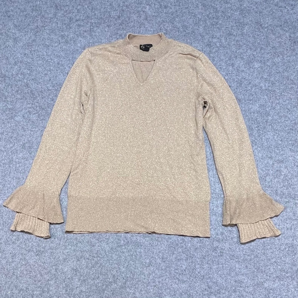 Thalia Sodi Gold Metallic Shimmer Mock Neck Keyhole Ruffle Cuff Sweater‎ Medium